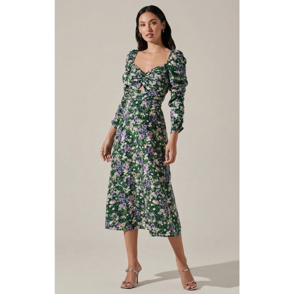 ASTR the Label Cottagecore Whimsigoth Floral Keyhole Ruched Midi Dress Medium